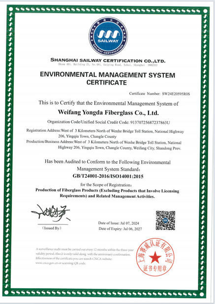 China Weifang Yongda FRP Co., Ltd. certification